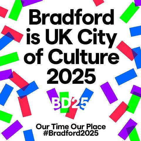 Graphic with text 'Bradford is UK City of Culture 2025' along with multicoloured confetti and the BD25 logo