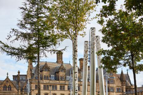 Bradford City Hall with sculpture in foreground.
