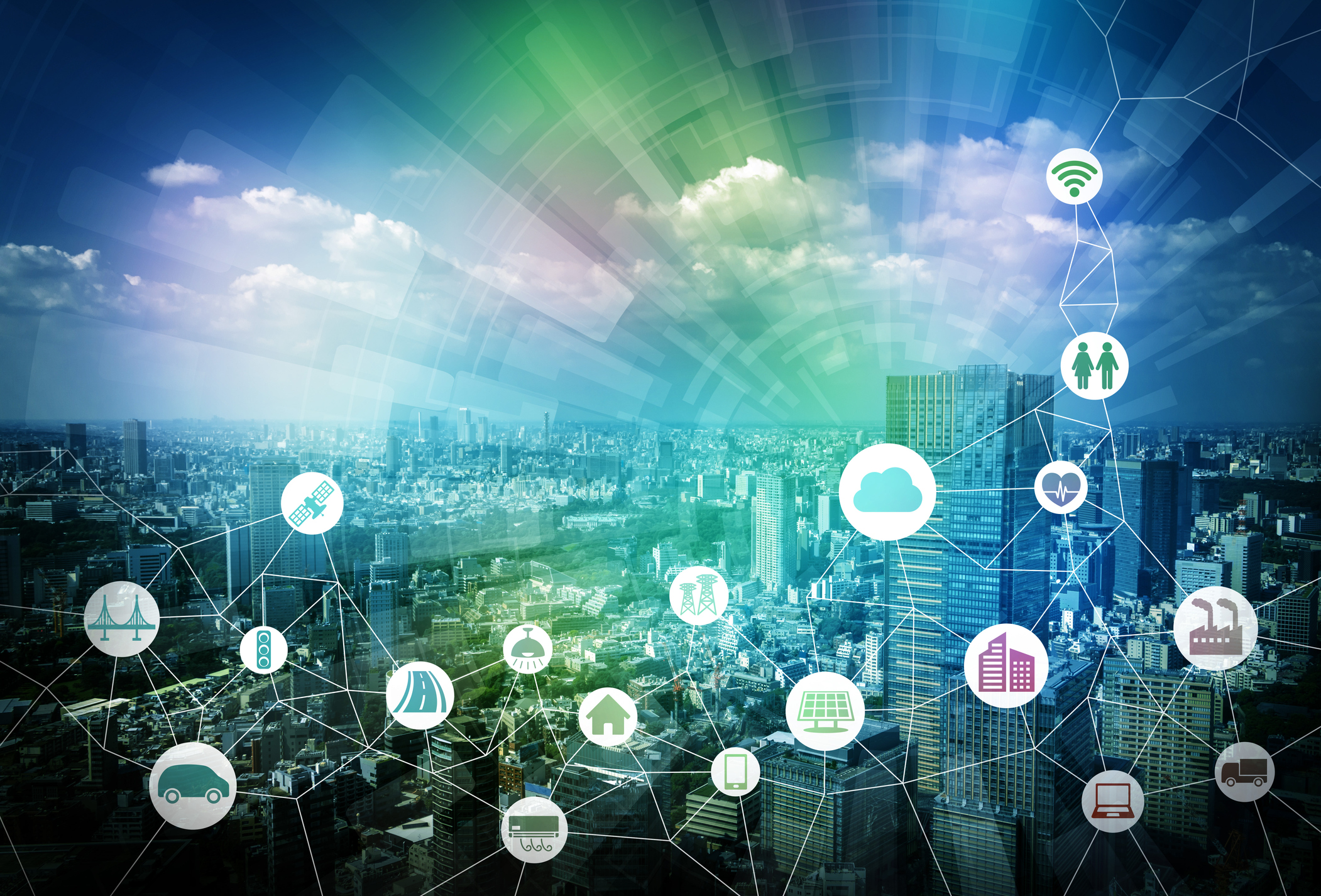 City with various icons overlayed representing digital connections.