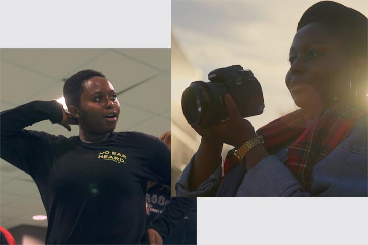 Two square images of Bradford student, Faith. One taking photographs and one dancing.