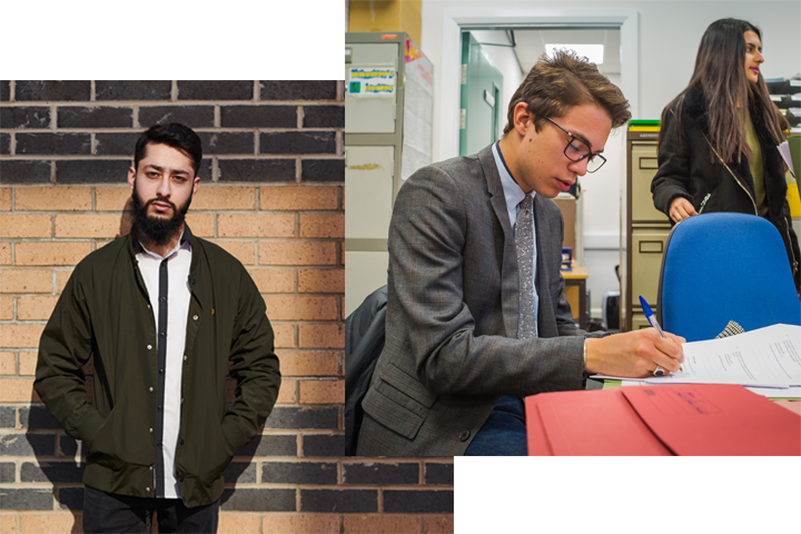 Two images, one of a Bradford student standing outside and one of a student studying