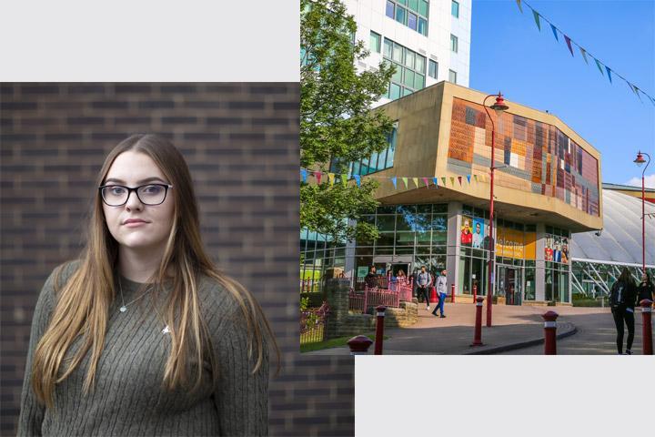 Abbie Seaton, BSc Hons Physiotherapy and outside of Richmond Building.