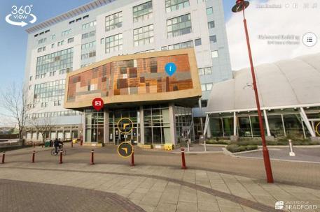 The outside of the Richmond Building with virtual experience icons and overlays.
