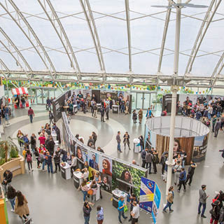 Birds eyeview of an Undergraduate Open Event in the Richmond building atrium on campus.